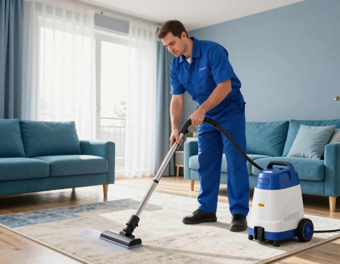 ABC Carpet Cleaners technician steam-cleaning a living room carpet