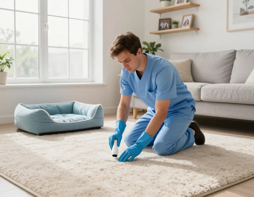 Technician spot-treating a carpet for pet odors next to a pet bed