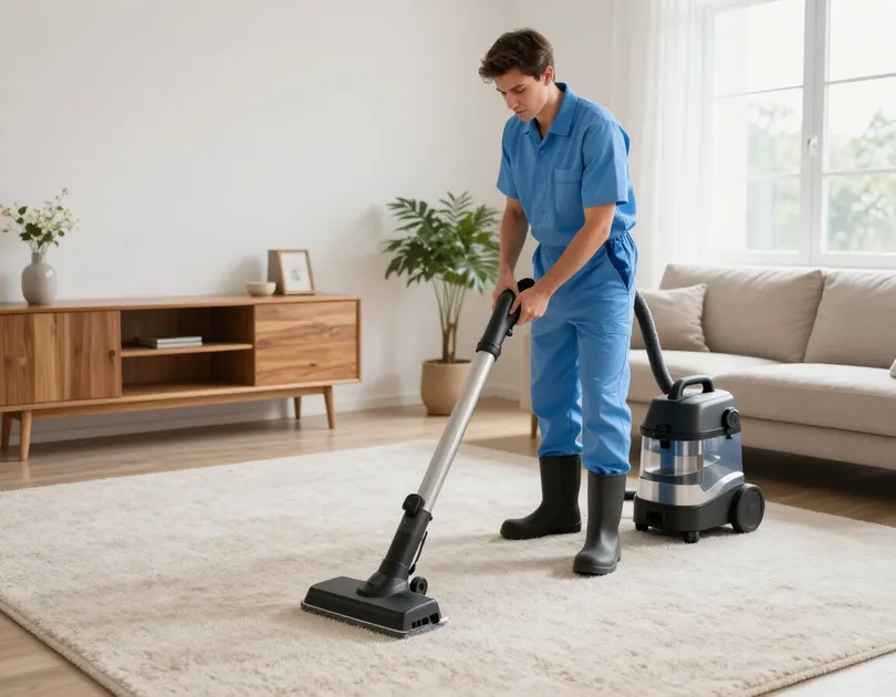 ABC Carpet Cleaners technician deep-cleaning a living room rug with a professional vacuum